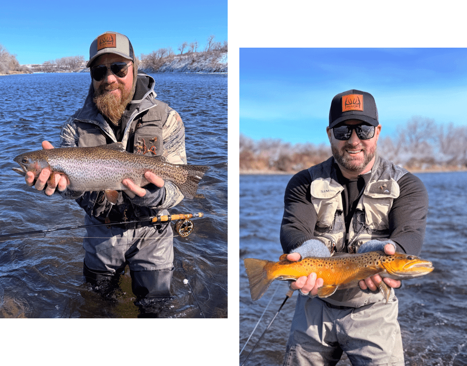 Two images of a man holding large fish by a river in outdoor gear.