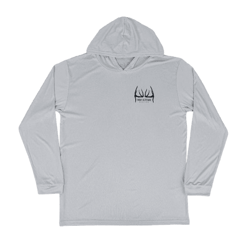 White hooded sweatshirt with a small black graphic on the chest.