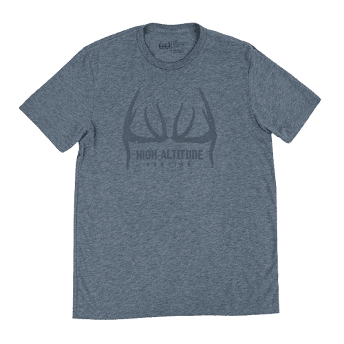 Gray t-shirt with black antler graphic and text design.