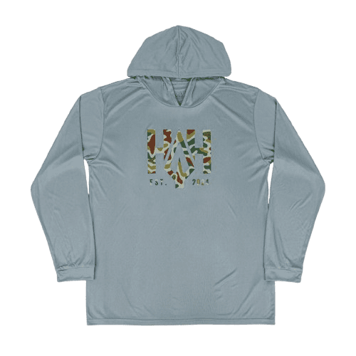 Light gray hoodie with a colorful abstract design on the chest.