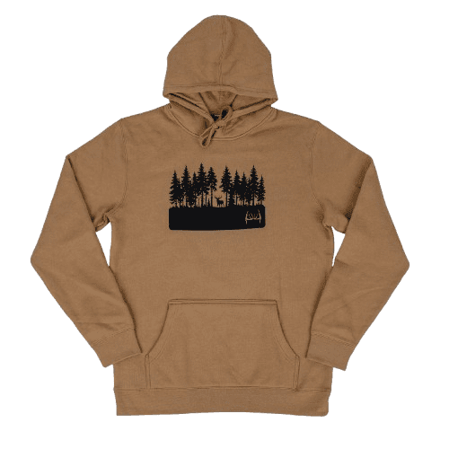 Outdoor Hoodie, High Altitude Hunting, Brown hoodie with black forest silhouette and text design.